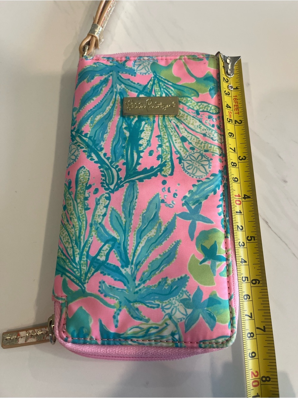 Lilly Pulitzer Pink Tropical Print Wristlet Wallet with Gold Strap - Picture 11 of 11